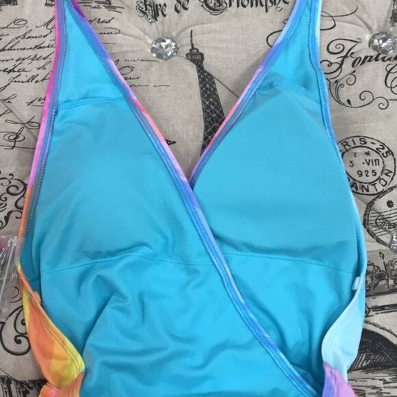 Rachel Roy Ombre Stripe Printed Halter Swimsuit - Picture 6 of 7